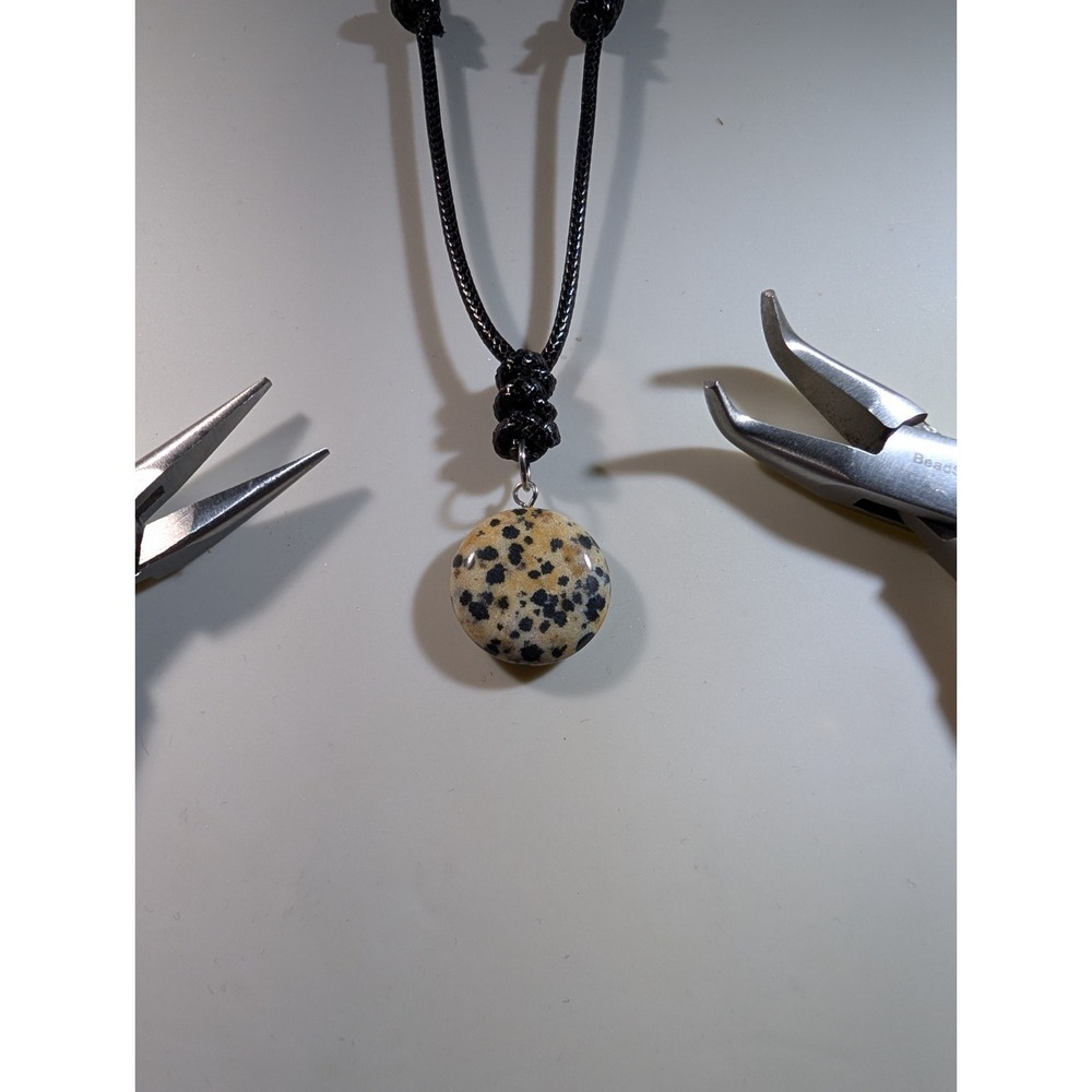 Dalmatian Jasper Pendant Necklace Natural‎ Stone Adjustable Black Cord 14-27 in